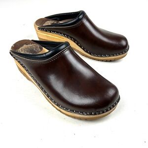 Troentorp Sweden Slip On Brown Leather Wood Clogs US / Mens 11.5-12 / EU 45